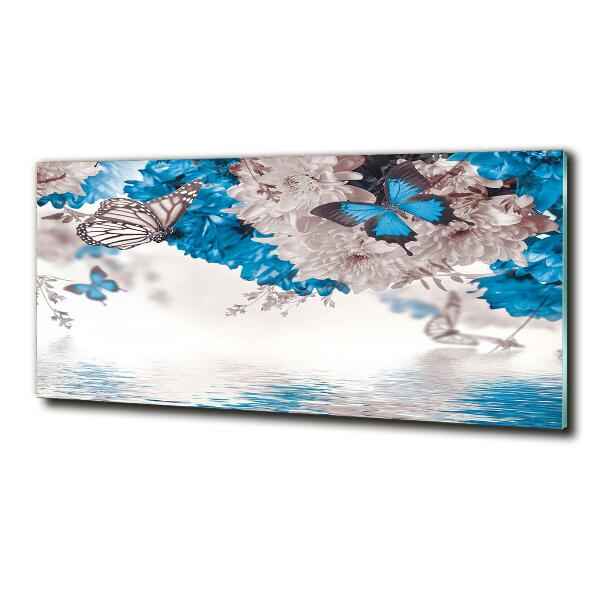 Glasbild Blumen und Schmetterlinge