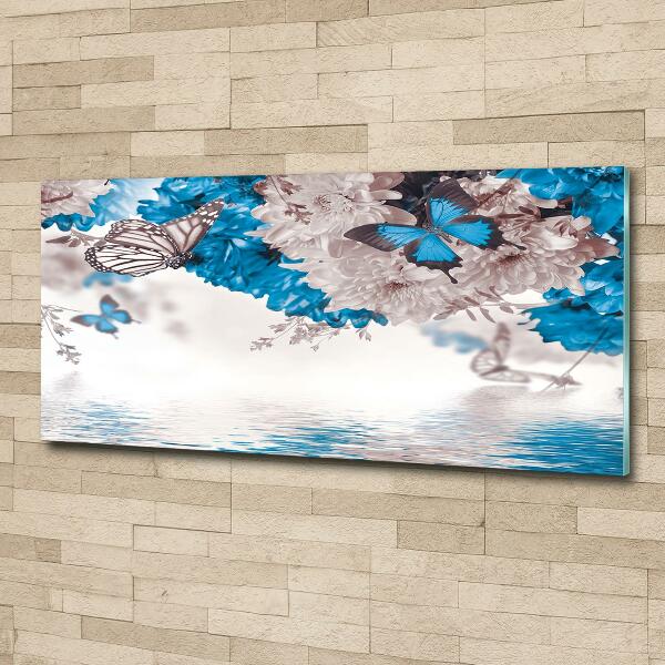 Glasbild Blumen und Schmetterlinge