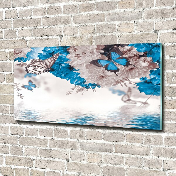 Glasbild Blumen und Schmetterlinge