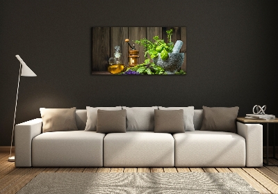 Glasbild Kräuter im Mörser