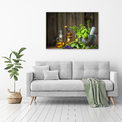 Glasbild Kräuter im Mörser