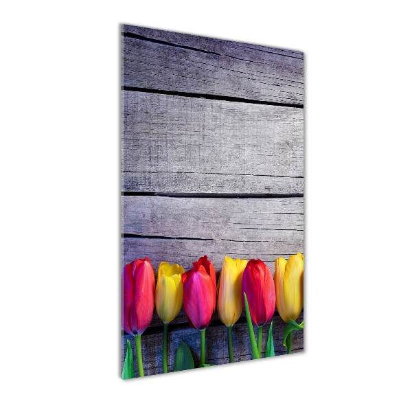 Glasbild vertikales Bunte Tulpen