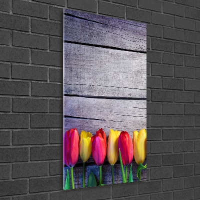 Glasbild vertikales Bunte Tulpen