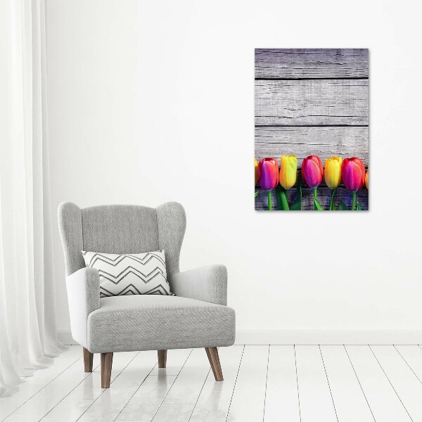 Glasbild vertikales Bunte Tulpen