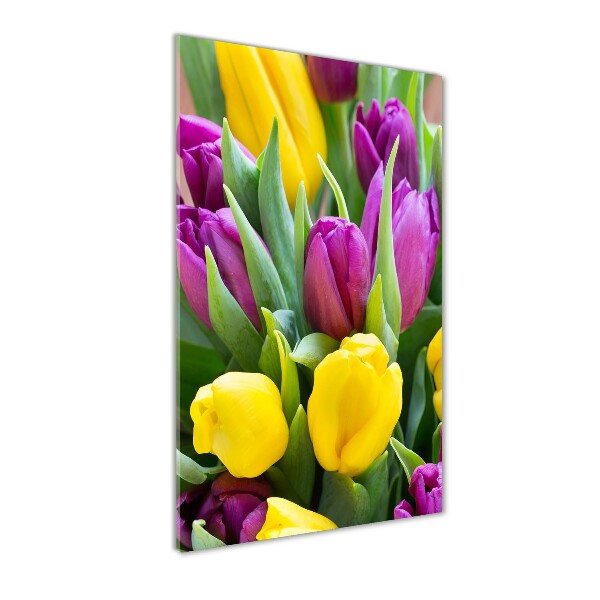 Glasbild vertikales Bunte Tulpen