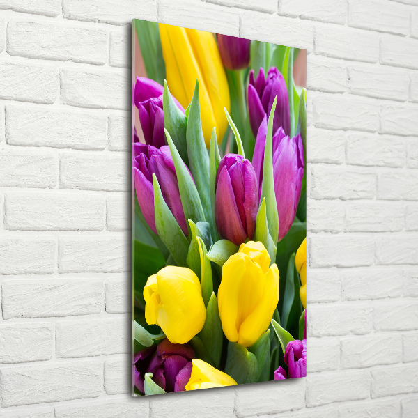 Glasbild vertikales Bunte Tulpen