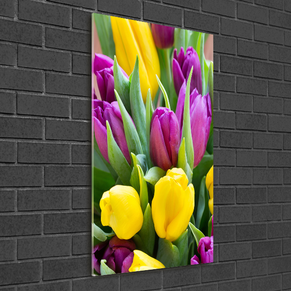 Glasbild vertikales Bunte Tulpen