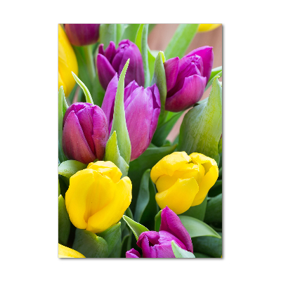 Glasbild vertikales Bunte Tulpen