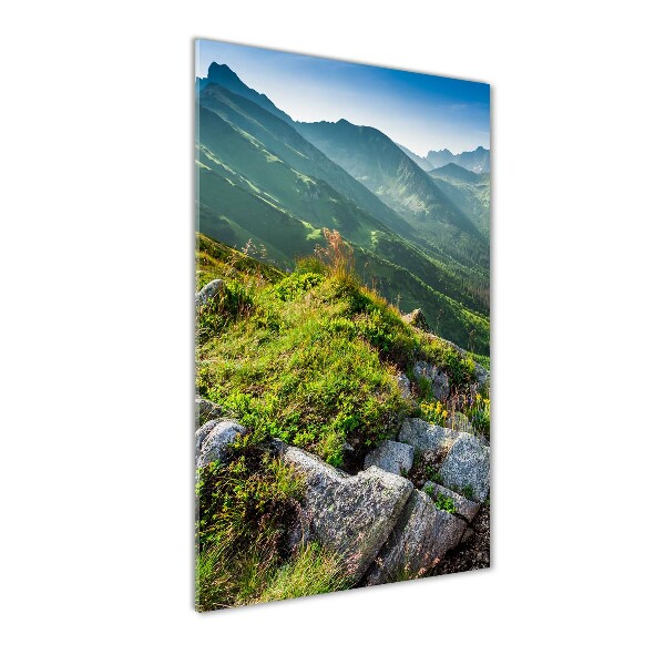 Glasbild vertikales Berge im Sommer