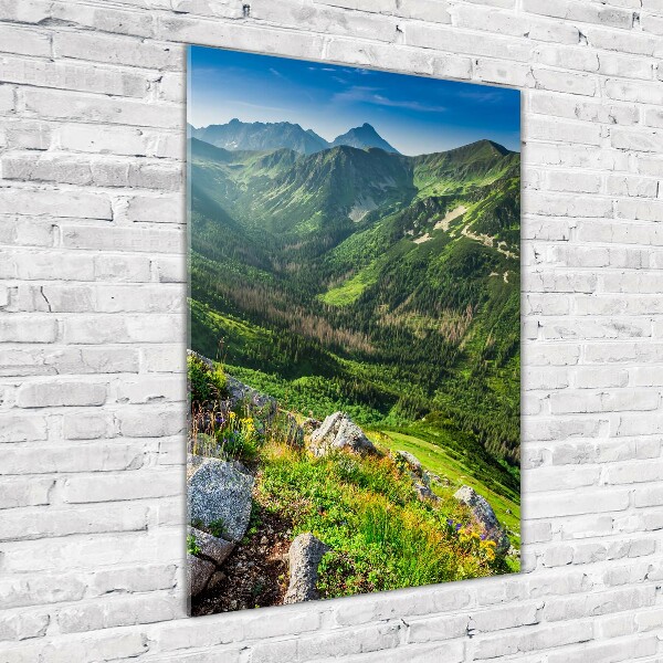 Glasbild vertikales Berge im Sommer