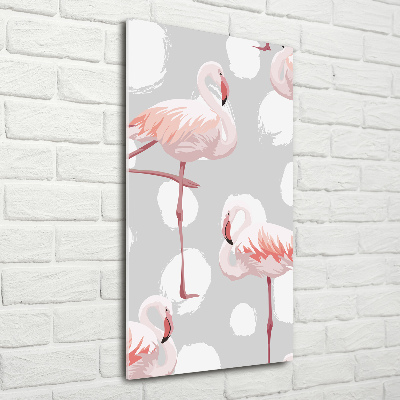 Glasbild vertikales Flamingos und Punkte