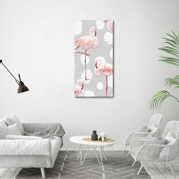 Glasbild vertikales Flamingos und Punkte