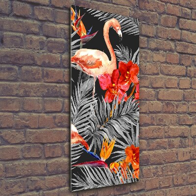Glasbild vertikales Flamingos und Blumen