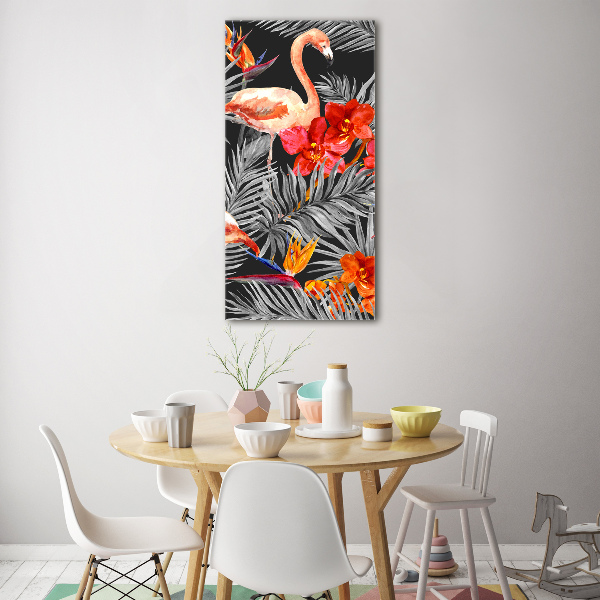Glasbild vertikales Flamingos und Blumen