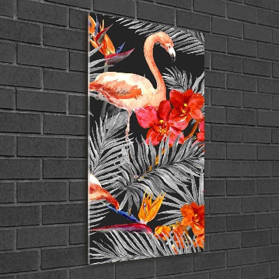 Glasbild vertikales Flamingos und Blumen