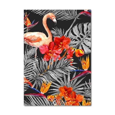 Glasbild vertikales Flamingos und Blumen