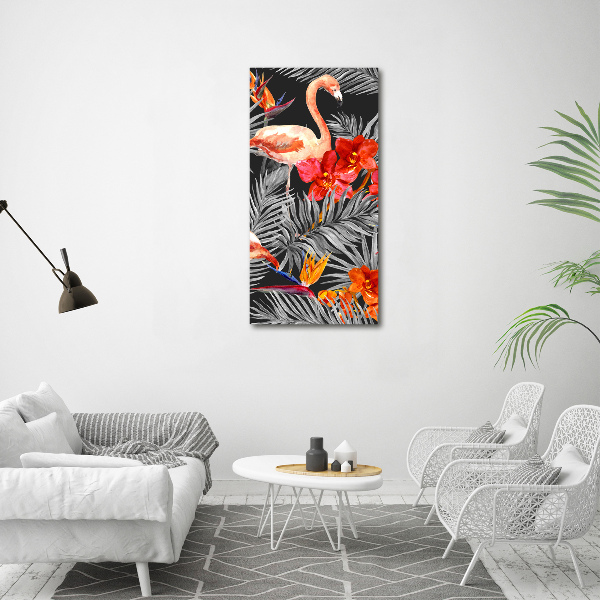 Glasbild vertikales Flamingos und Blumen