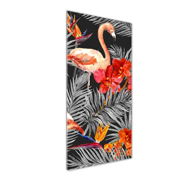 Glasbild vertikales Flamingos und Blumen
