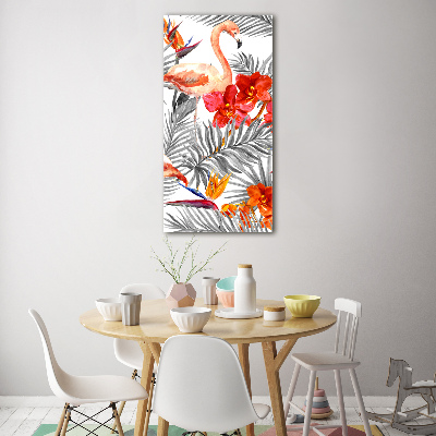 Bild aus glas vertikales Flamingos und Blumen