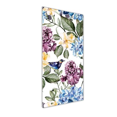 Bild aus glas vertikales Blumen und Vögel