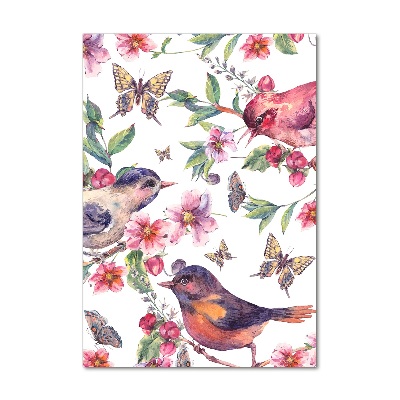 Glasbild vertikales Vögel, Schmetterlinge, Blumen