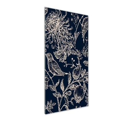 Glasbild vertikales Blumen und Vögel
