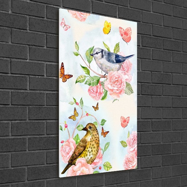 Glasbild vertikales Vögel, Schmetterlinge, Rosen