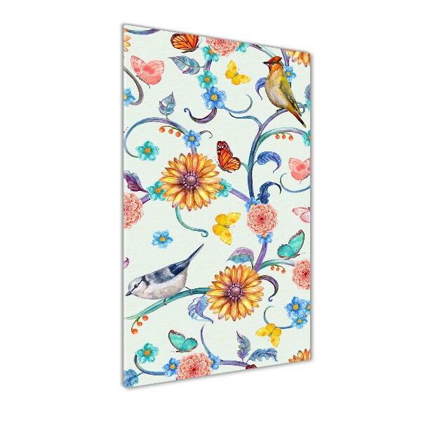 Bild aus glas vertikales Vögel, Schmetterlinge, Blumen