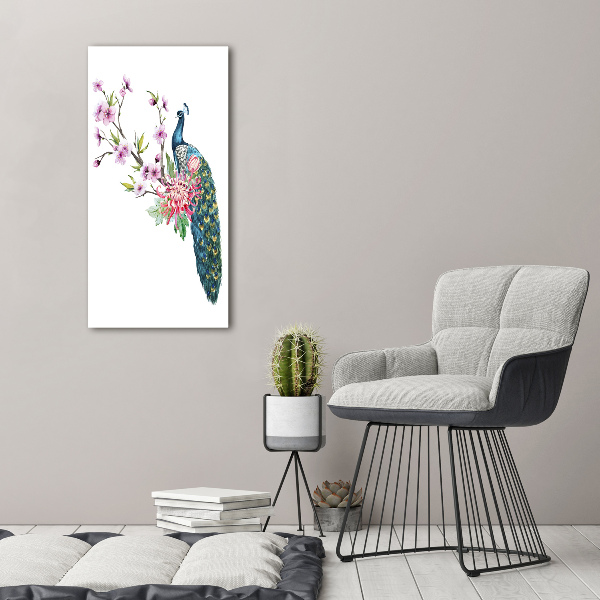 Foto auf glas vertikales Pfau und Blumen