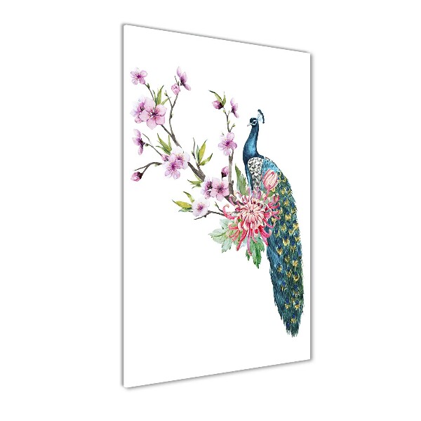 Foto auf glas vertikales Pfau und Blumen