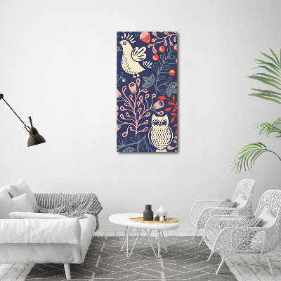 Glasbild vertikales Hahn, Henne, Eule