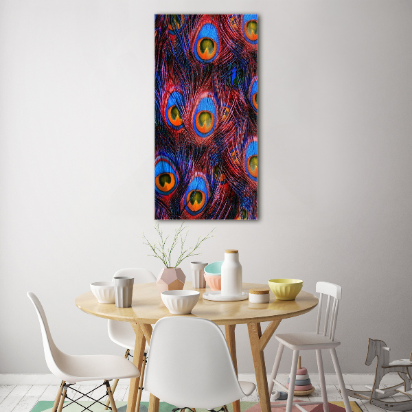 Glasbild vertikales Pfauenfedern