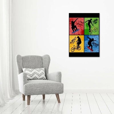 Glasbild vertikales Fahrrad und Skateboard
