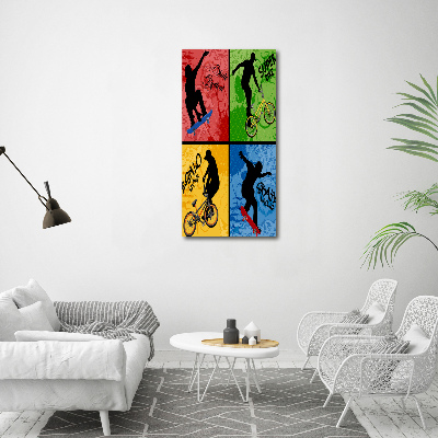 Glasbild vertikales Fahrrad und Skateboard