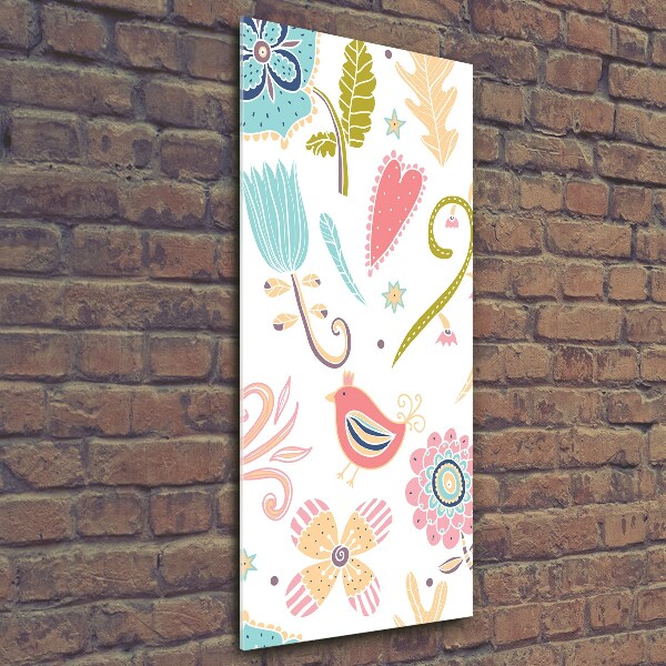 Glasbild vertikales Pflanzen und Vögel