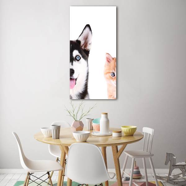 Glasbild vertikales Hund und Katze