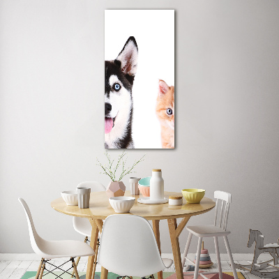 Glasbild vertikales Hund und Katze