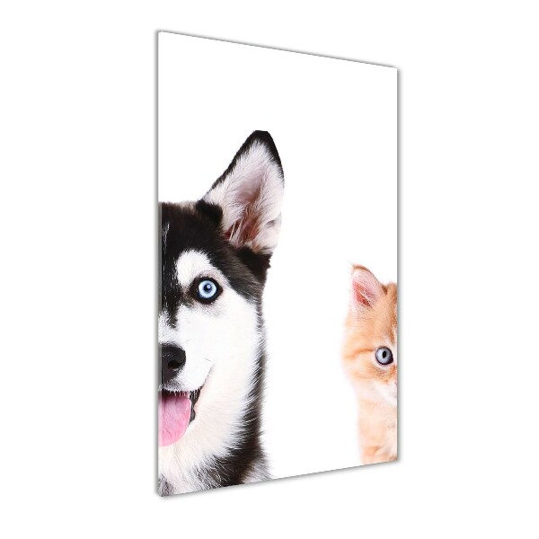 Glasbild vertikales Hund und Katze