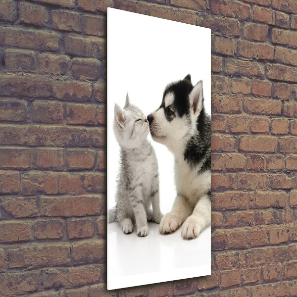 Glasbild vertikales Hund und Katze