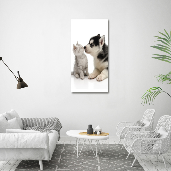 Glasbild vertikales Hund und Katze