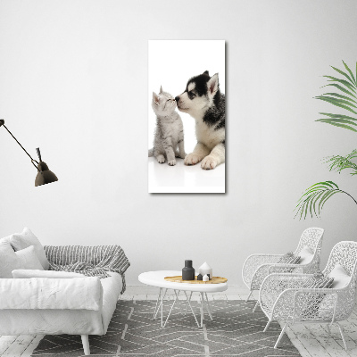 Glasbild vertikales Hund und Katze