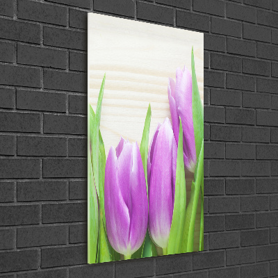 Glasbild vertikales Lila Tulpen