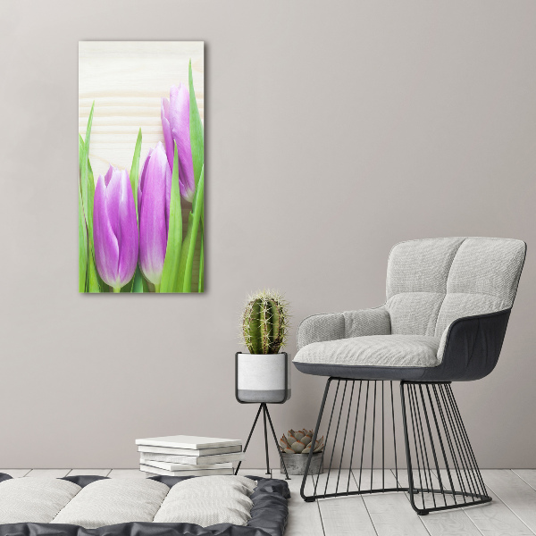 Glasbild vertikales Lila Tulpen