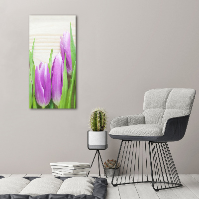 Glasbild vertikales Lila Tulpen