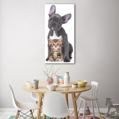 Glasbild vertikales Hund und Katze