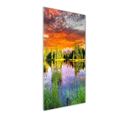 Glasbild vertikales See im Wald