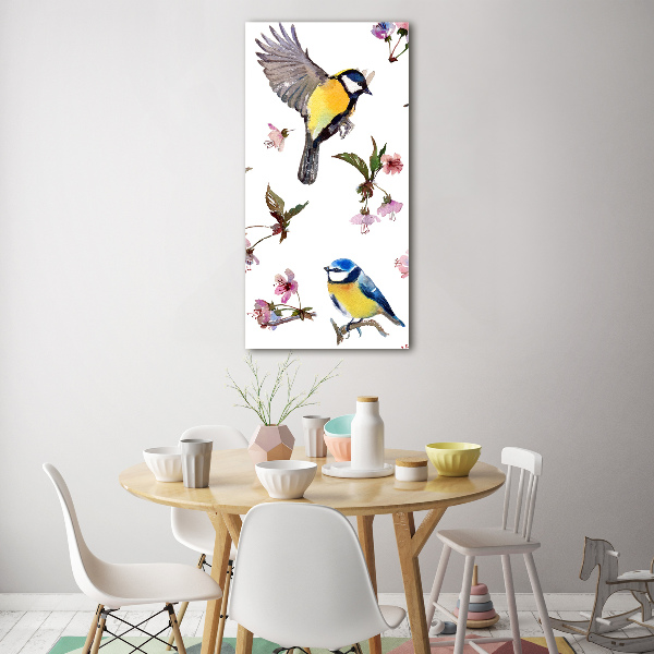 Glasbild vertikales Vögel und Blumen