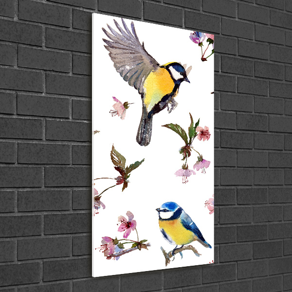 Glasbild vertikales Vögel und Blumen