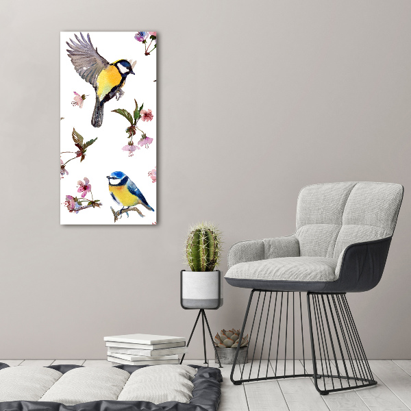 Glasbild vertikales Vögel und Blumen