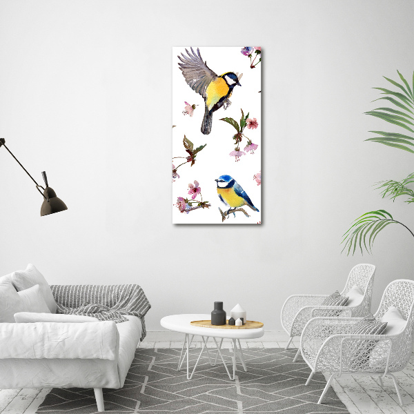 Glasbild vertikales Vögel und Blumen